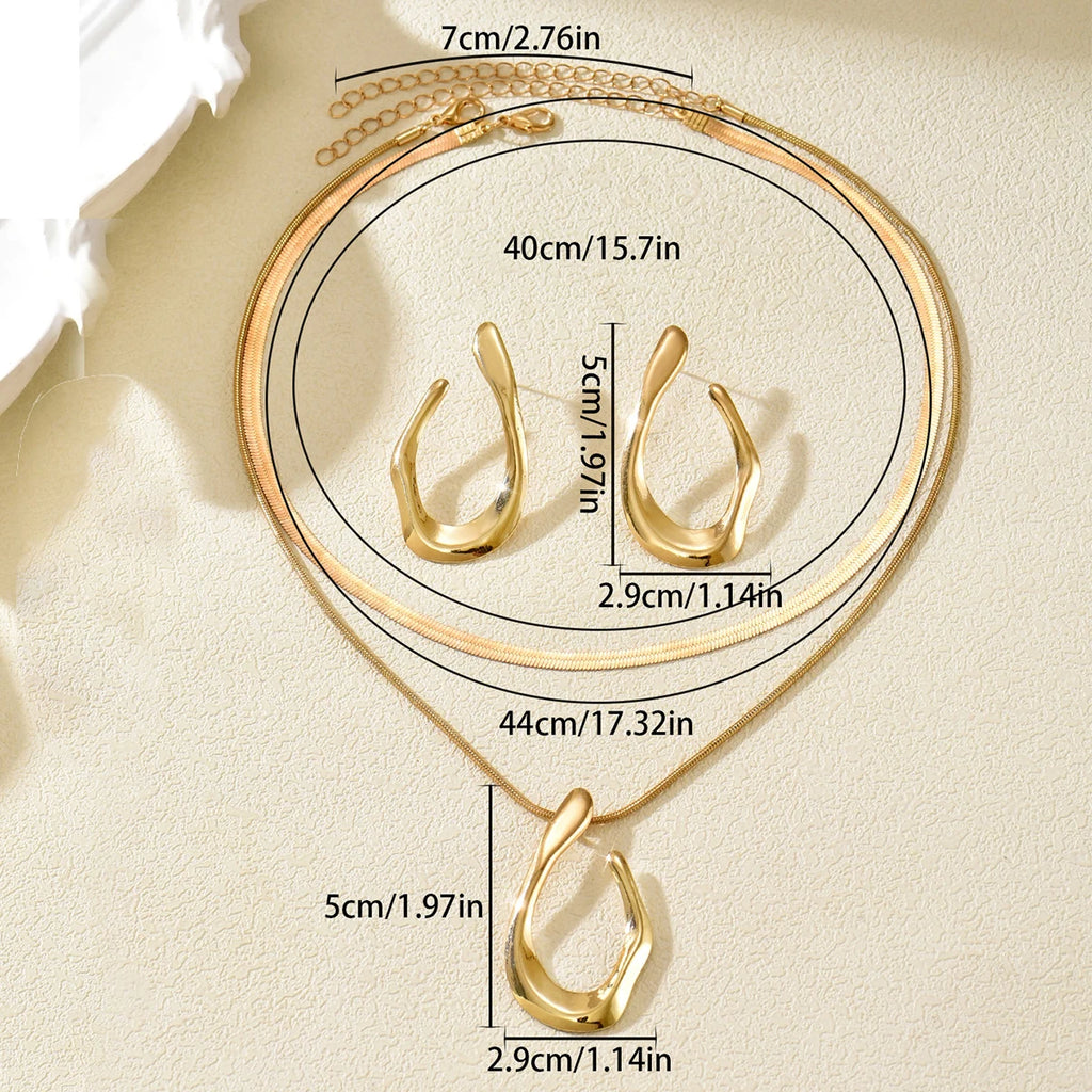Gold Colored Geometric Necklace & Earring Set